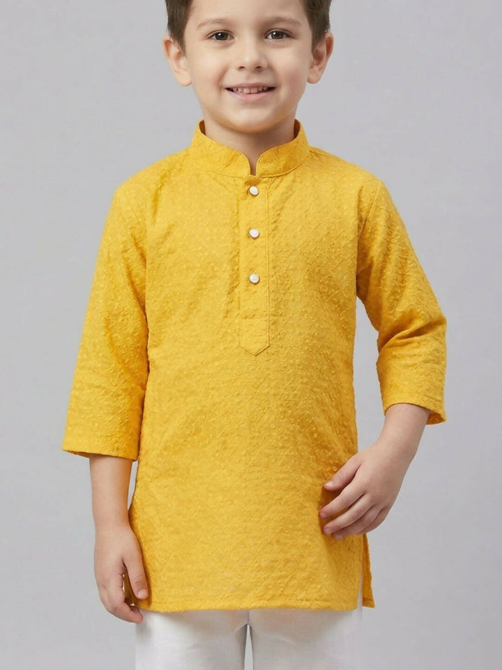 Boys Yellow Textured Kurta Pajama Set | Ethnic Wear for Kids | SHOBITAM