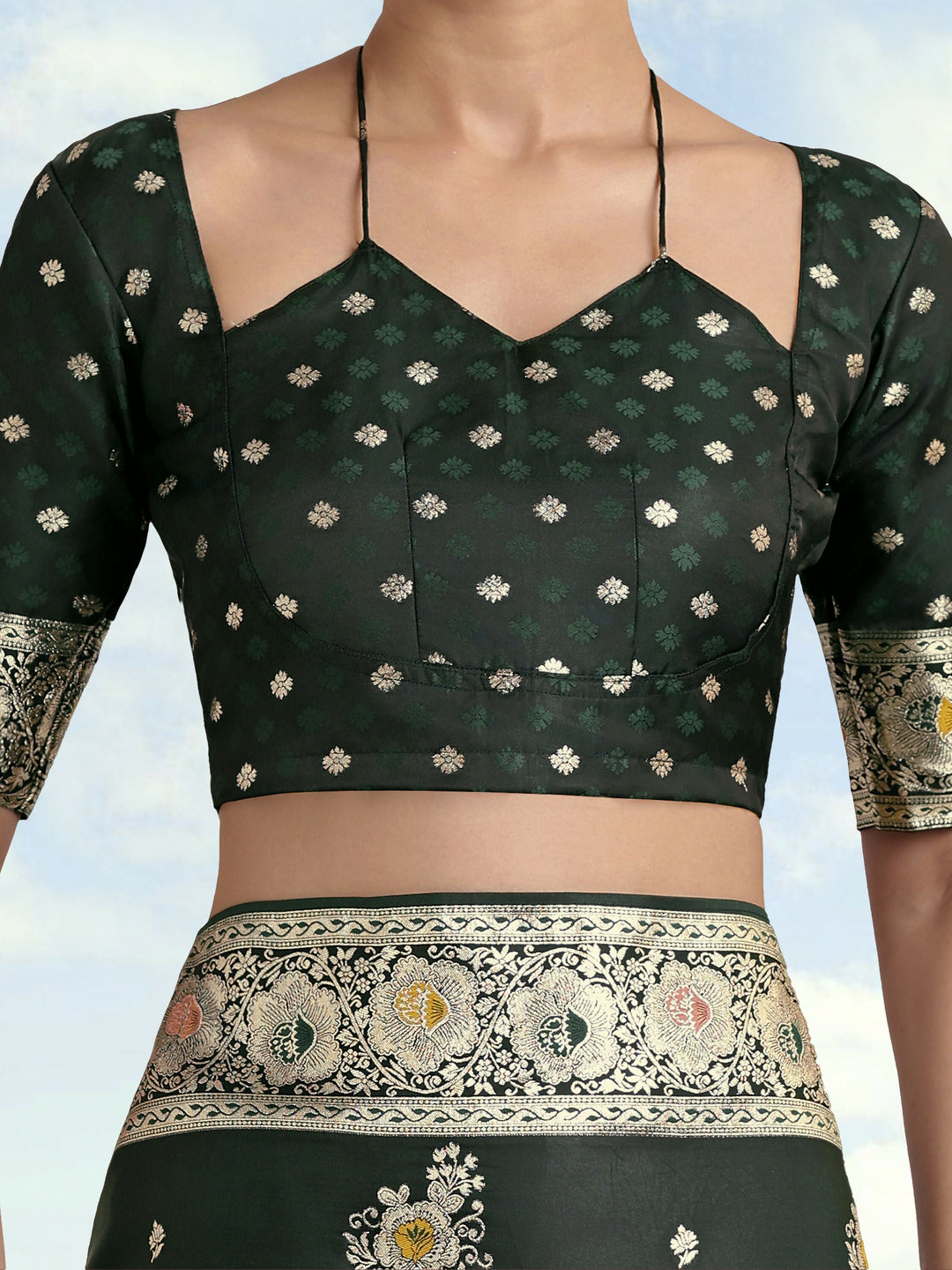 Dark Green Zari Woven Banarasi Satin Silk Saree | SHOBITAM