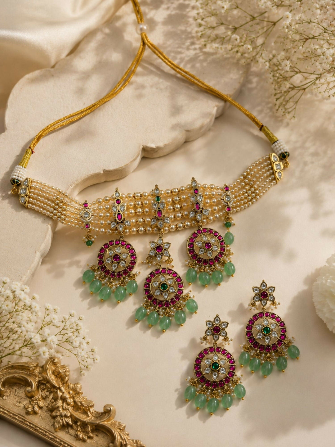 Pearl Kundan Choker Set with Ruby & Emerald Drops | Shobitam