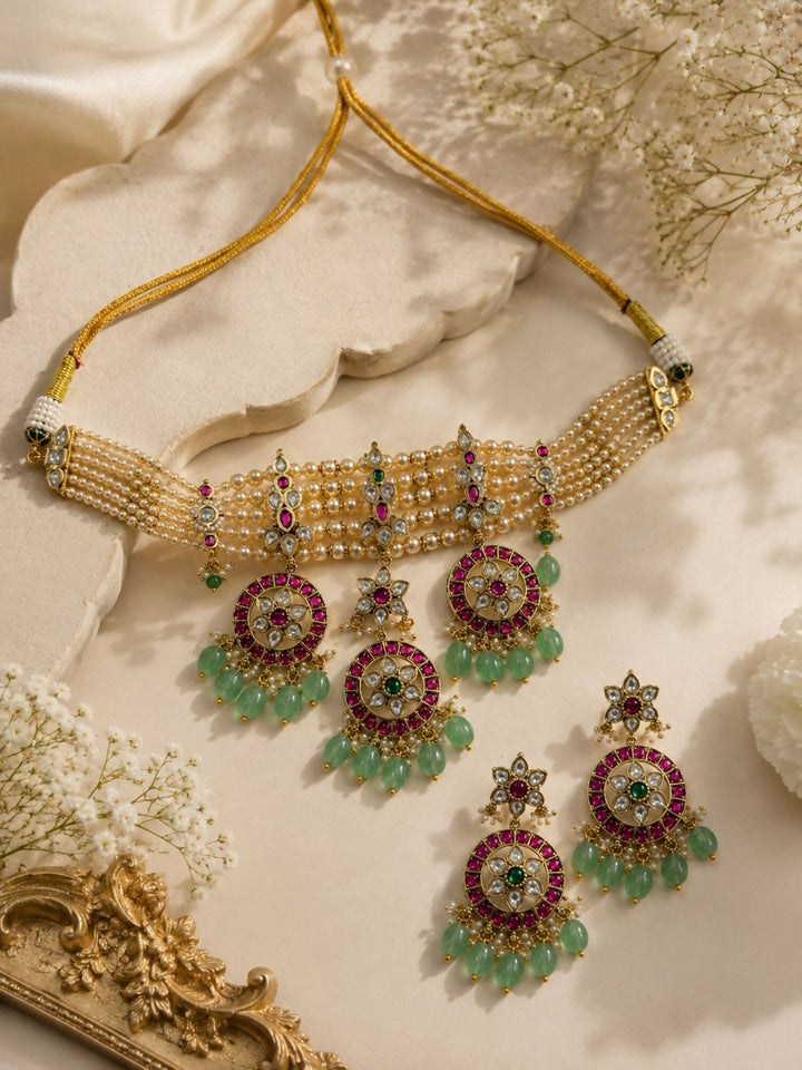 Pearl Kundan Choker Set with Ruby & Emerald Drops | Shobitam