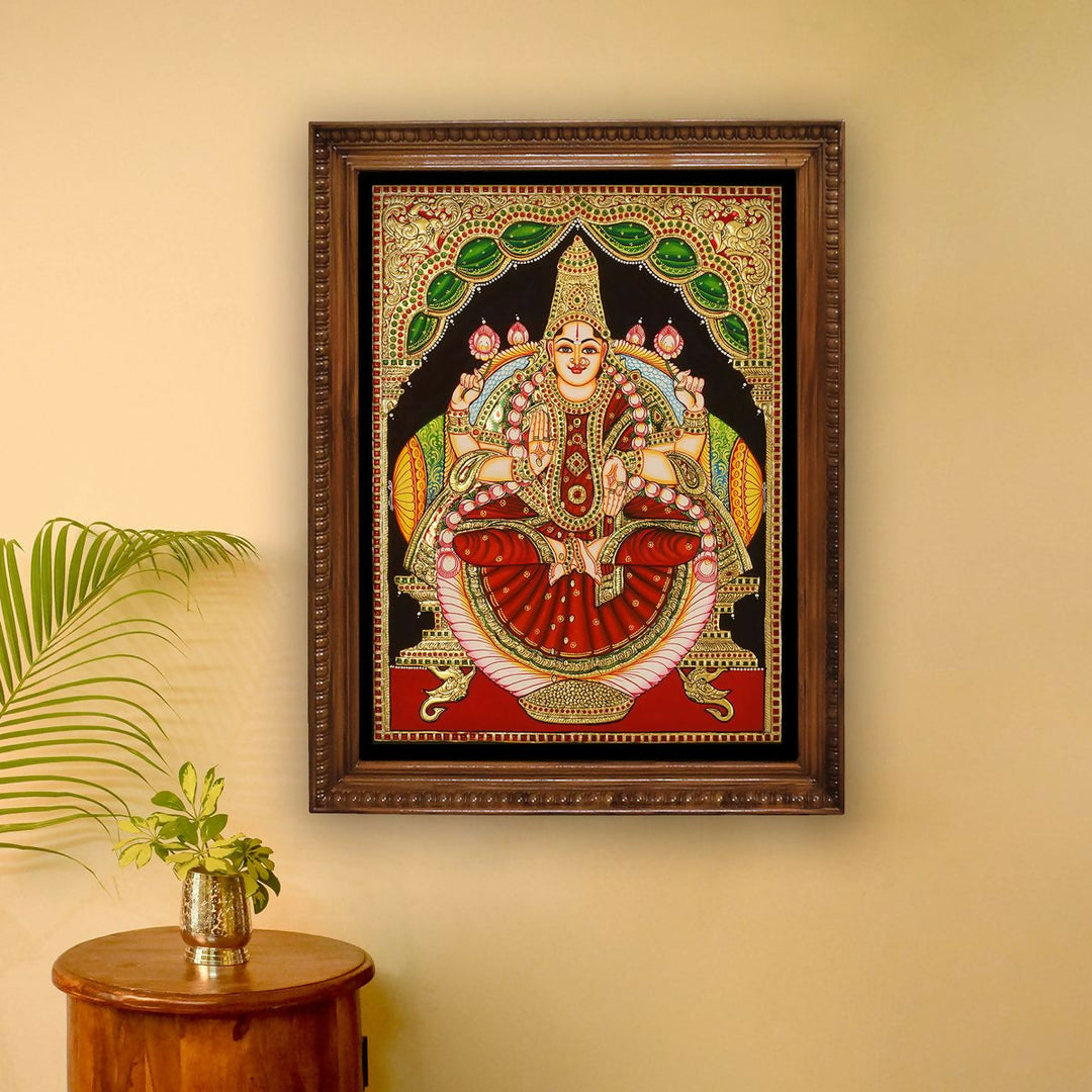 18*24 Authentic TANJORE PAINTING DHANA LAKSHMI With 22 Ct gold Foil and Jaipur Gemstones,Unframed | SHOBITAM