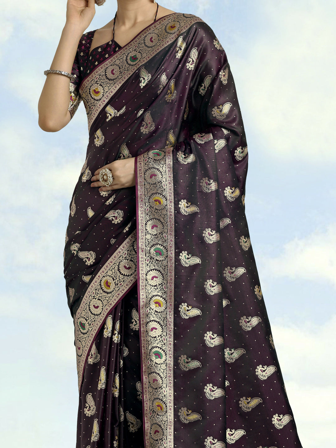 Wine Color Banarasi Satin Silk Zari Weaving Saree | SHOBITAM