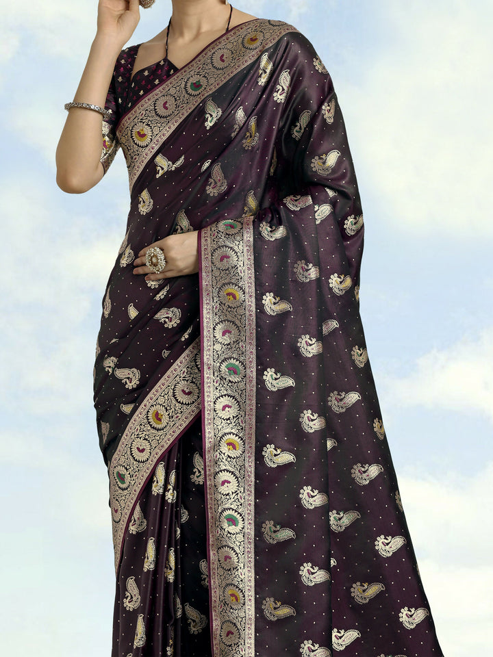 Wine Color Banarasi Satin Silk Zari Weaving Saree | SHOBITAM