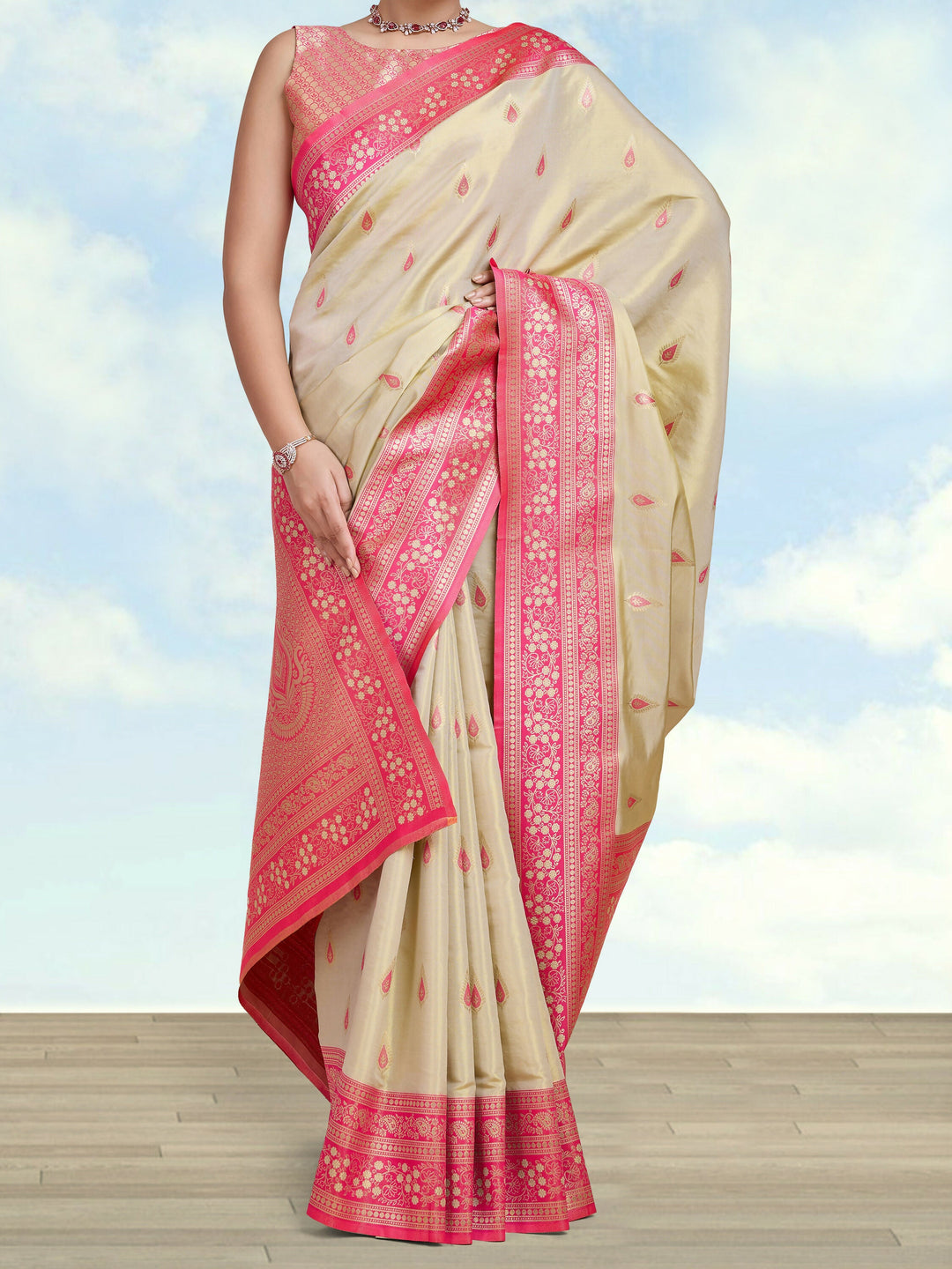 Semi Banarasi Tissue Silk Zari Woven Cream Saree | SHOBITAM
