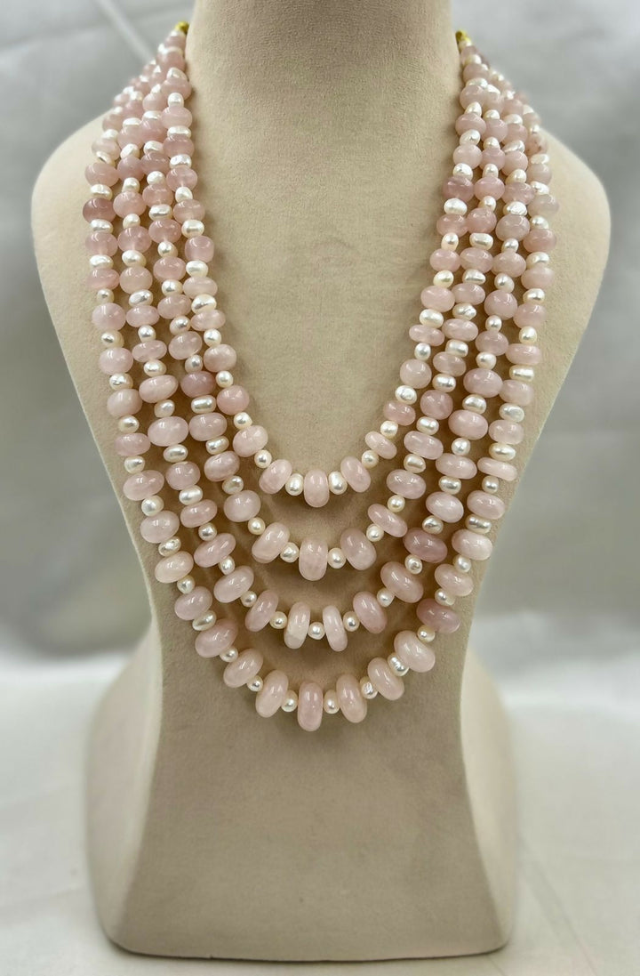 Seraphina 4-Strand Rose Quartz and Freshwater Pearl Layered Mala | SHOBITAM