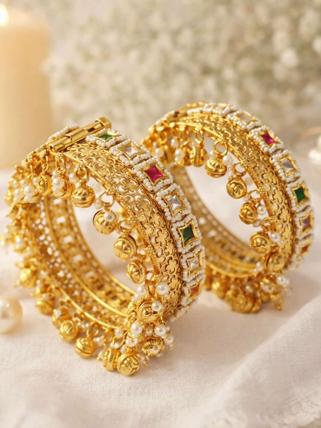 Gold Plated Polki Ghungroo Bangles | SHOBITAM