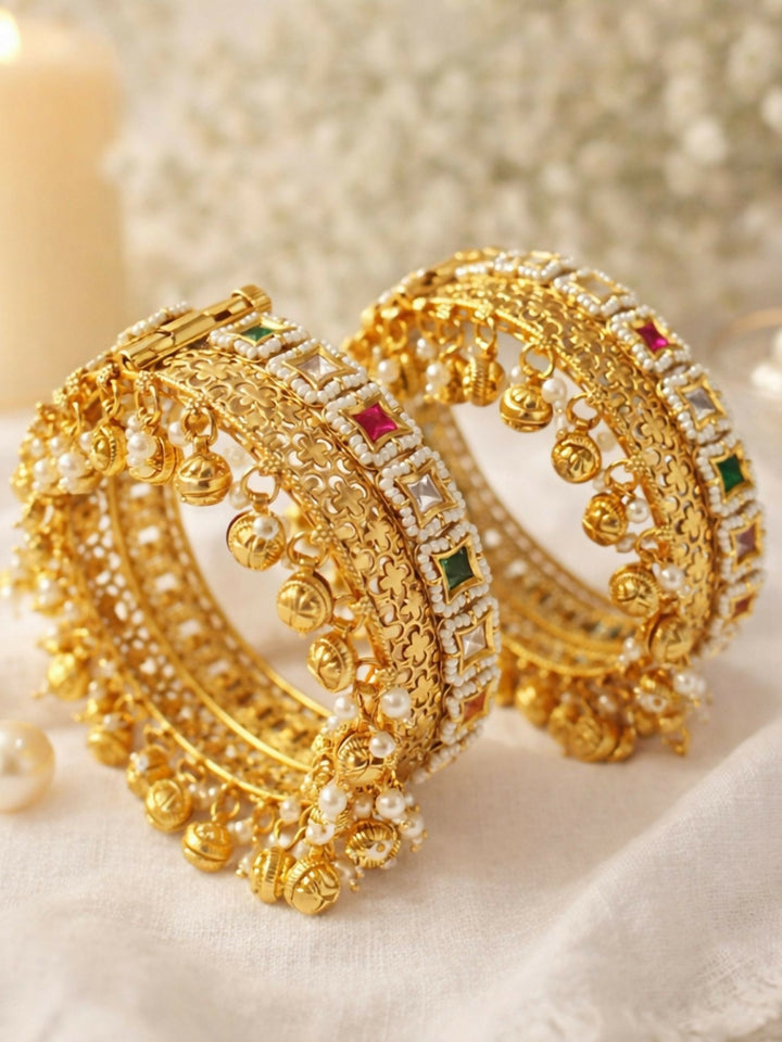 Gold Plated Polki Ghungroo Bangles | SHOBITAM