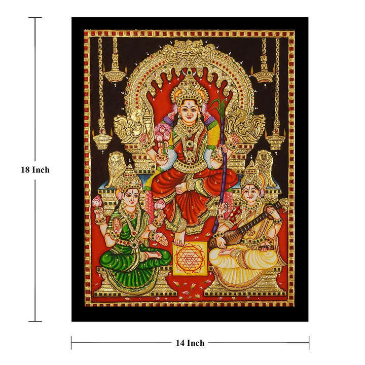 18*14 TANJORE PAINTNING RAJARAJESWARI WITH SARASWATHI AND LAKSHMI Authentic With 22 Ct Gold Foil and Jaipur Gemstones,Unframed | SHOBITAM