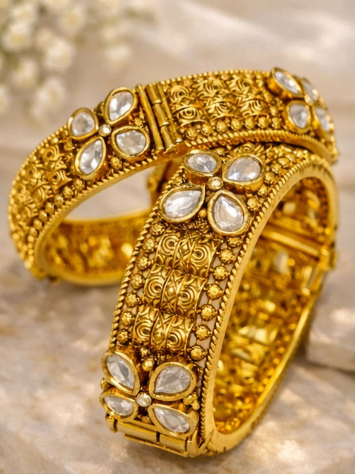 Gold Plated Antique Floral Moissanite Bangles | SHOBITAM