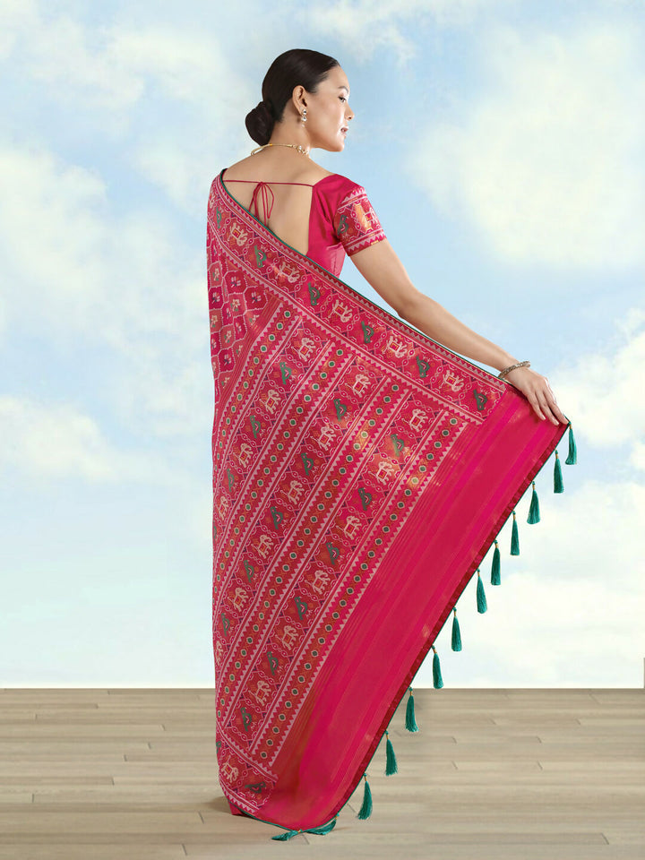 Rani Pink Semi Banarasi Satin Silk Saree With Patola Work | SHOBITAM