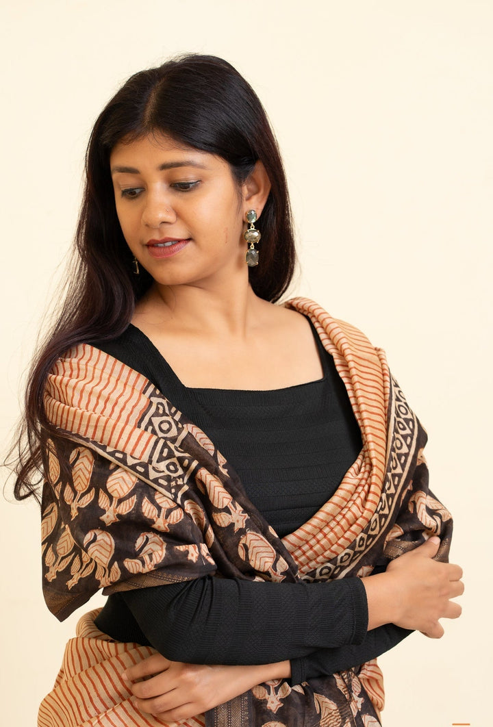 Madder Red and Black Bagru Handblock printed Maheshwari Silk Cotton Saree Checkmate | SHOBITAM