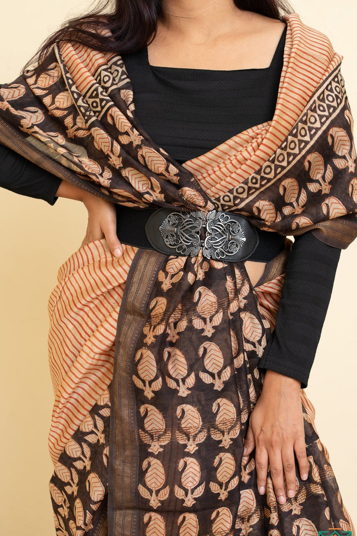 Madder Red and Black Bagru Handblock printed Maheshwari Silk Cotton Saree Checkmate | SHOBITAM