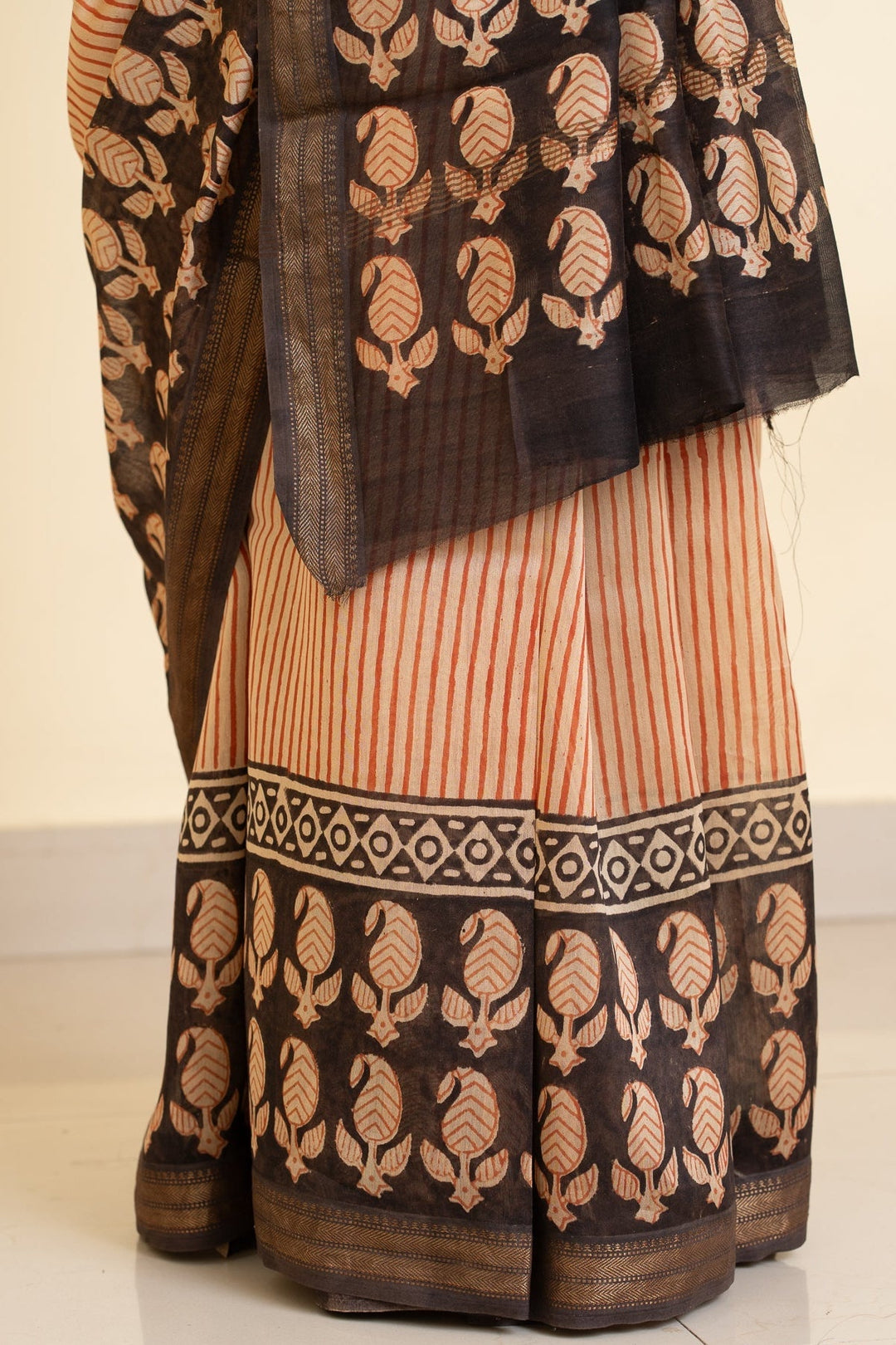 Madder Red and Black Bagru Handblock printed Maheshwari Silk Cotton Saree Checkmate | SHOBITAM