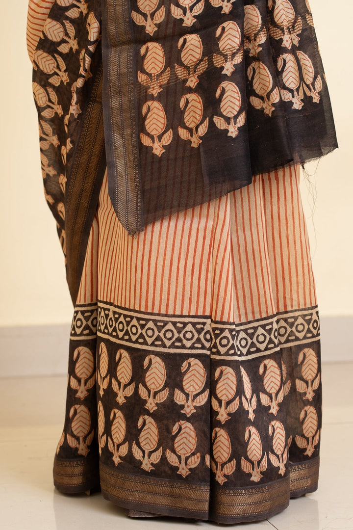 Madder Red and Black Bagru Handblock printed Maheshwari Silk Cotton Saree Checkmate | SHOBITAM