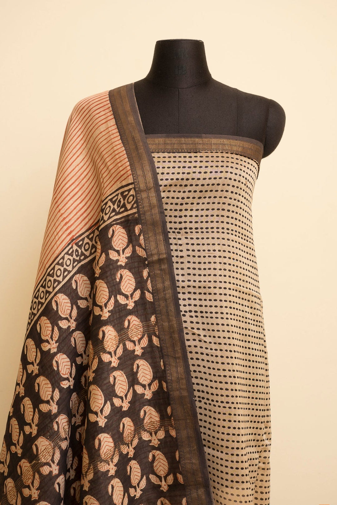 Madder Red and Black Bagru Handblock printed Maheshwari Silk Cotton Saree Checkmate | SHOBITAM