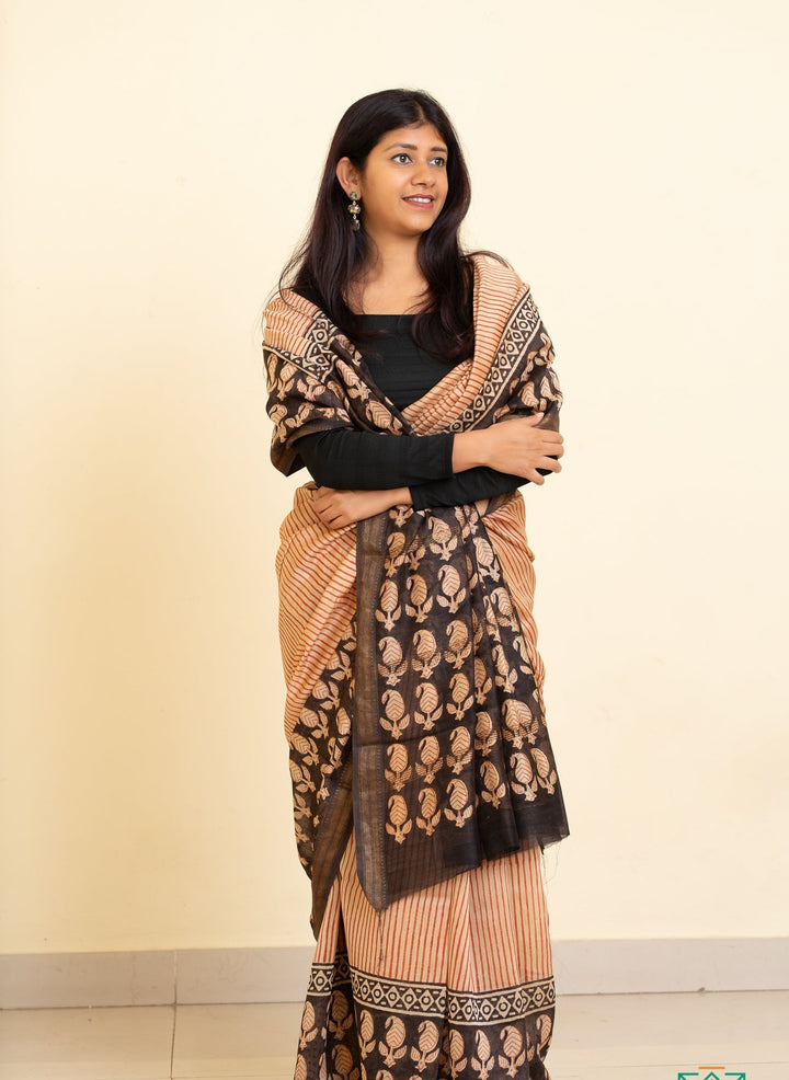 Madder Red and Black Bagru Handblock printed Maheshwari Silk Cotton Saree Checkmate | SHOBITAM