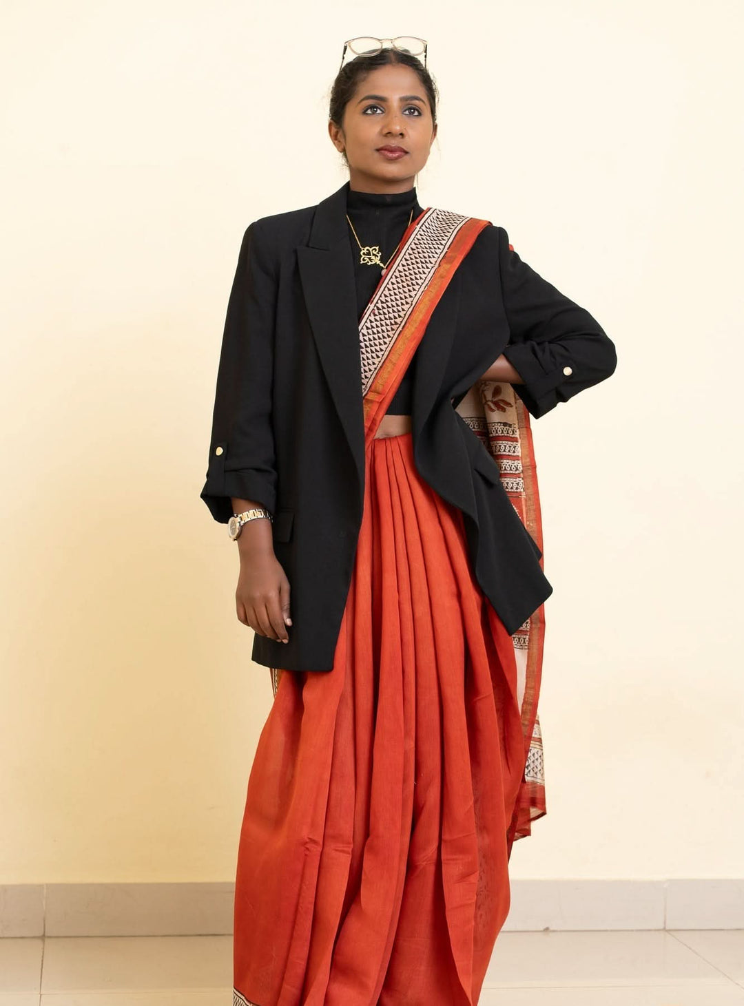 Madder Red Bagru Handblock printed Chanderi Silk Cotton Saree Rust Romance | SHOBITAM