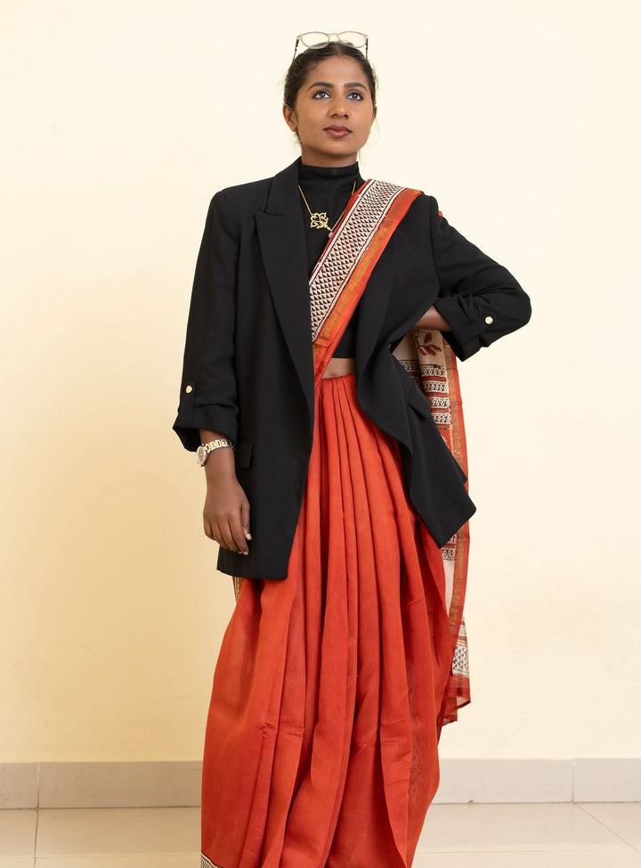 Madder Red Bagru Handblock printed Chanderi Silk Cotton Saree Rust Romance | SHOBITAM