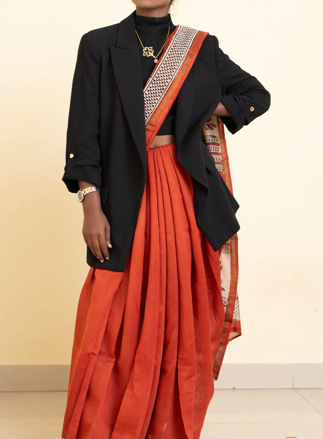 Madder Red Bagru Handblock printed Chanderi Silk Cotton Saree Rust Romance | SHOBITAM