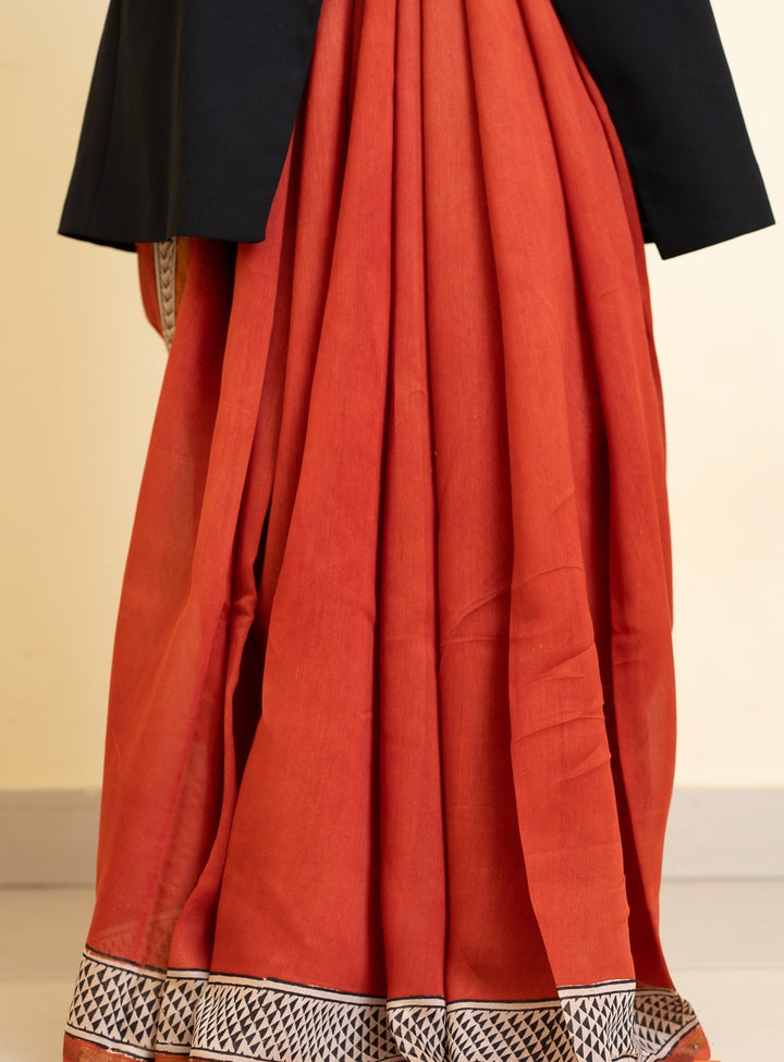 Madder Red Bagru Handblock printed Chanderi Silk Cotton Saree Rust Romance | SHOBITAM