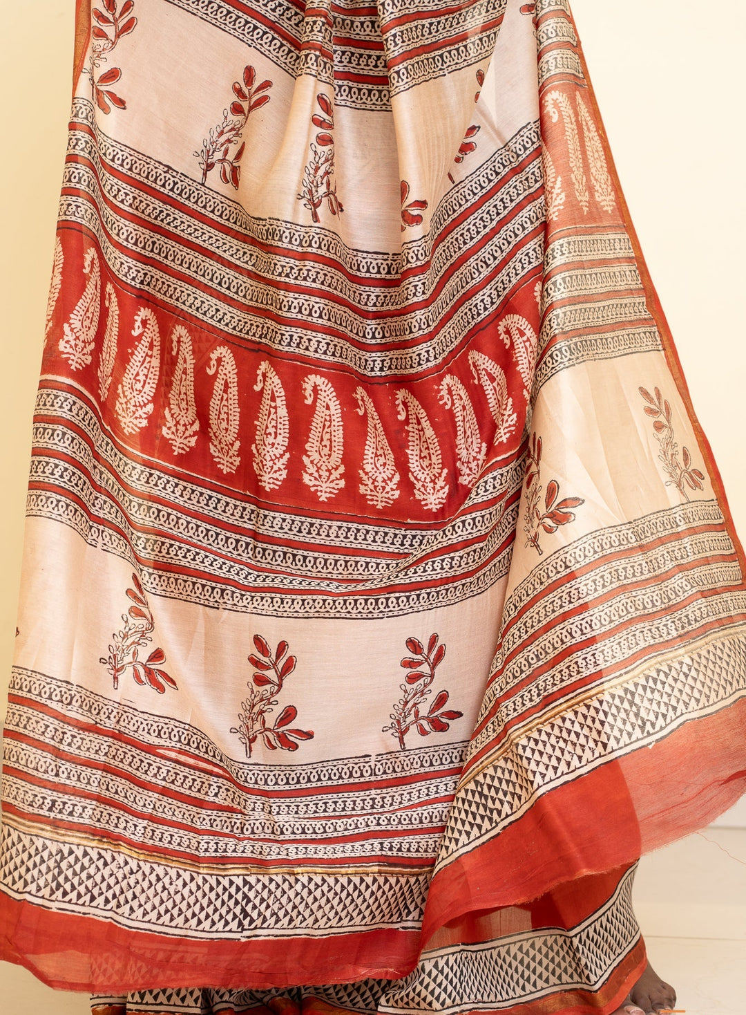 Madder Red Bagru Handblock printed Chanderi Silk Cotton Saree Rust Romance | SHOBITAM