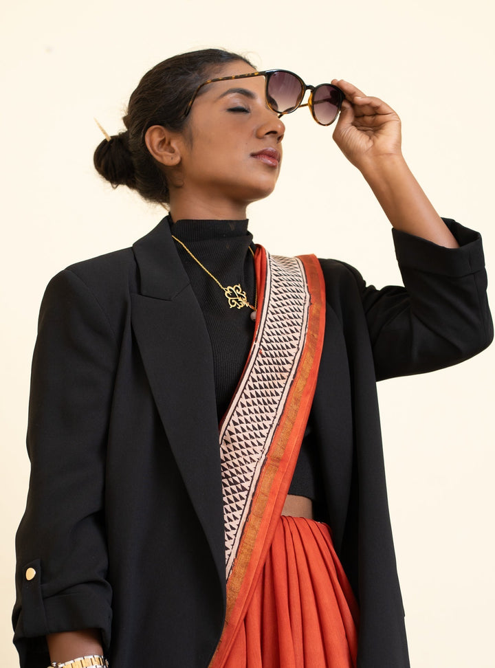 Madder Red Bagru Handblock printed Chanderi Silk Cotton Saree Rust Romance | SHOBITAM