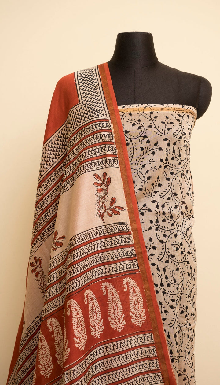 Madder Red Bagru Handblock printed Chanderi Silk Cotton Saree Rust Romance | SHOBITAM
