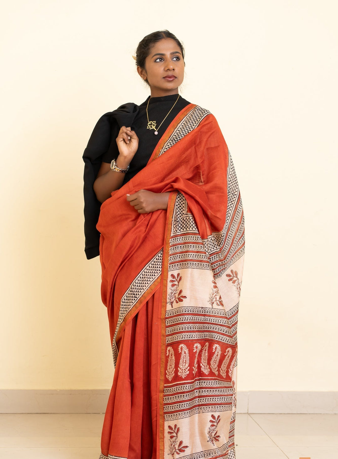 Madder Red Bagru Handblock printed Chanderi Silk Cotton Saree Rust Romance | SHOBITAM