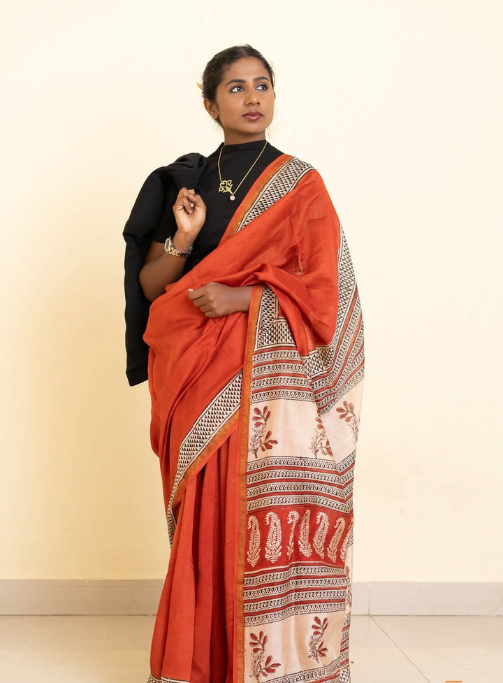 Madder Red Bagru Handblock printed Chanderi Silk Cotton Saree Rust Romance | SHOBITAM