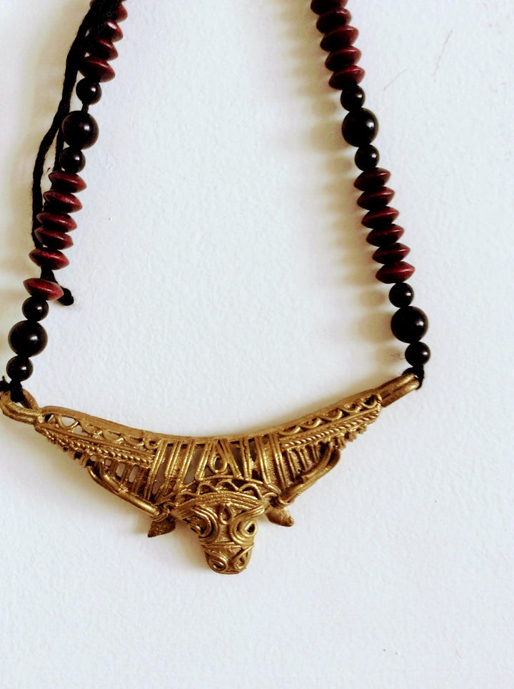 Handmade Maroon Dokra Mahishashura Pendant Jewellery | SHOBITAM