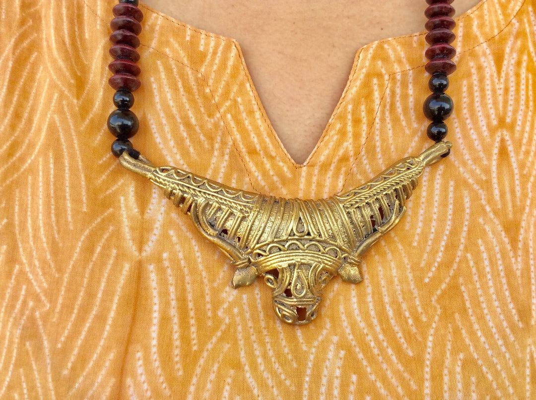 Handmade Maroon Dokra Mahishashura Pendant Jewellery | SHOBITAM