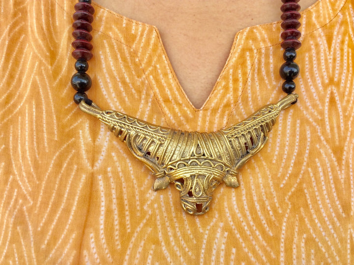 Handmade Maroon Dokra Mahishashura Pendant Jewellery | SHOBITAM