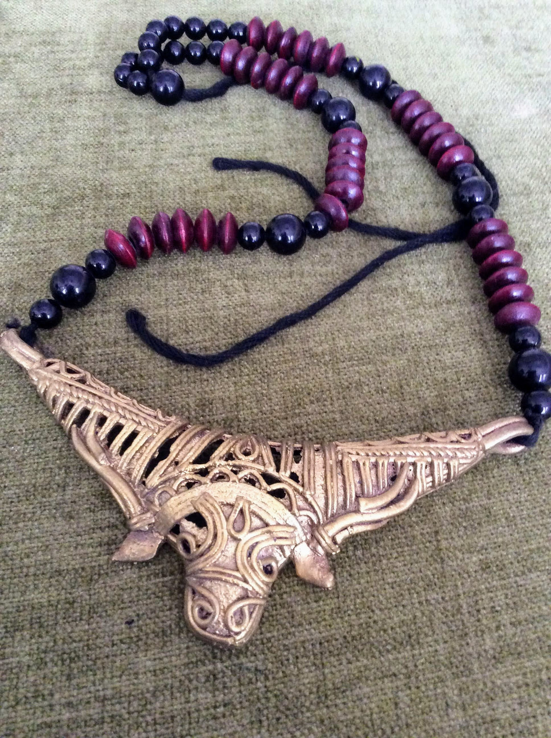 Handmade Maroon Dokra Mahishashura Pendant Jewellery | SHOBITAM