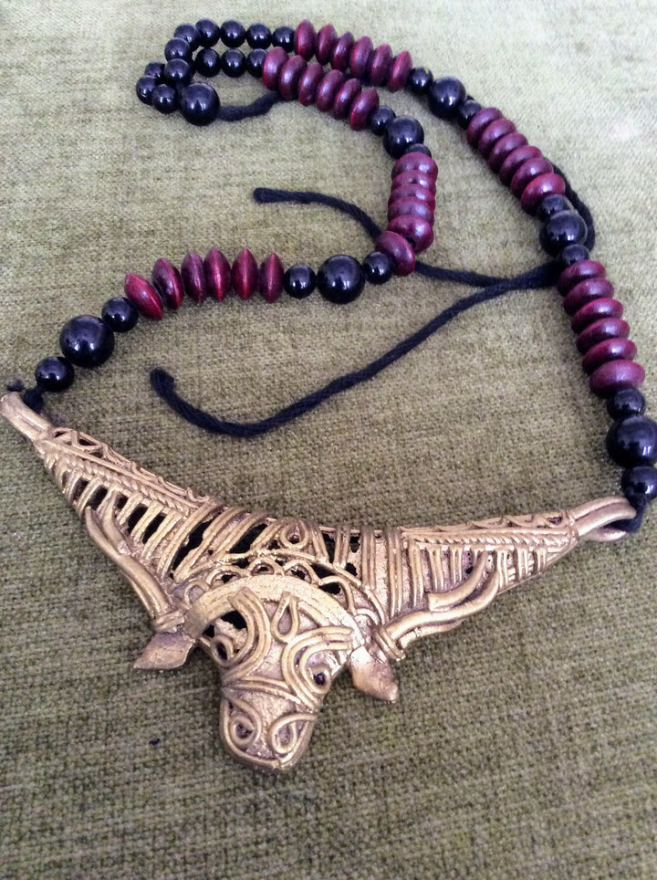 Handmade Maroon Dokra Mahishashura Pendant Jewellery | SHOBITAM