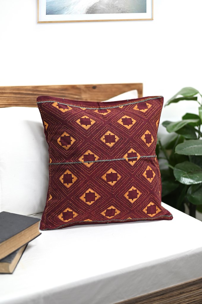Maroon Yellow Kantha Cotton Sofa Cushion Cover | SHOBITAM