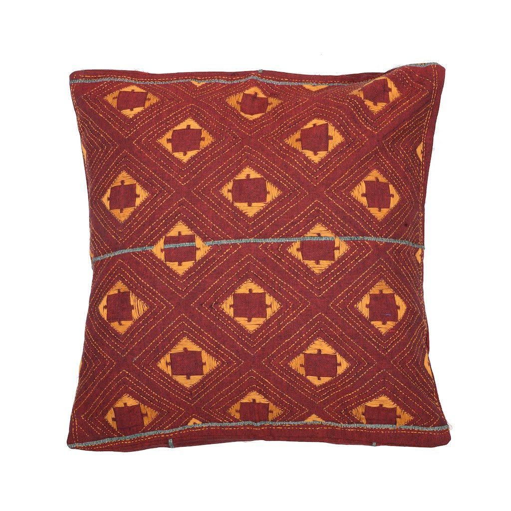 Maroon Yellow Kantha Cotton Sofa Cushion Cover | SHOBITAM