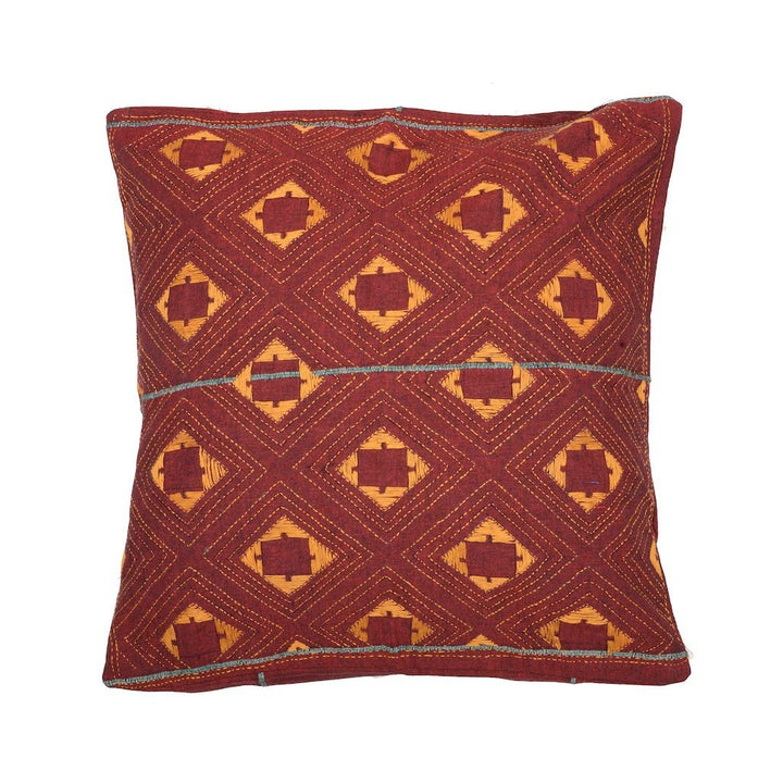 Maroon Yellow Kantha Cotton Sofa Cushion Cover | SHOBITAM