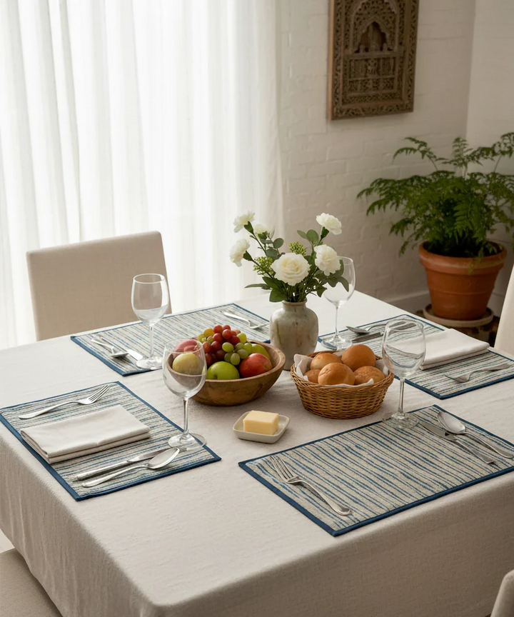 Set of 6 pcs Linen Natural & Teal Yarn Dye Table Mats | SHOBITAM