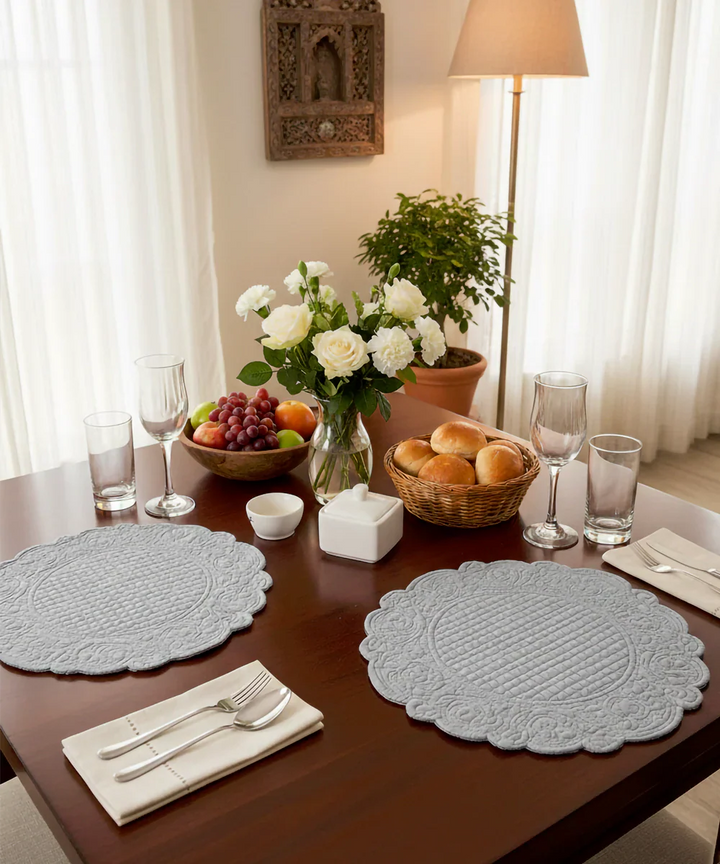 Set of 2 Quilted Cotton Grey Round Table Mats | SHOBITAM