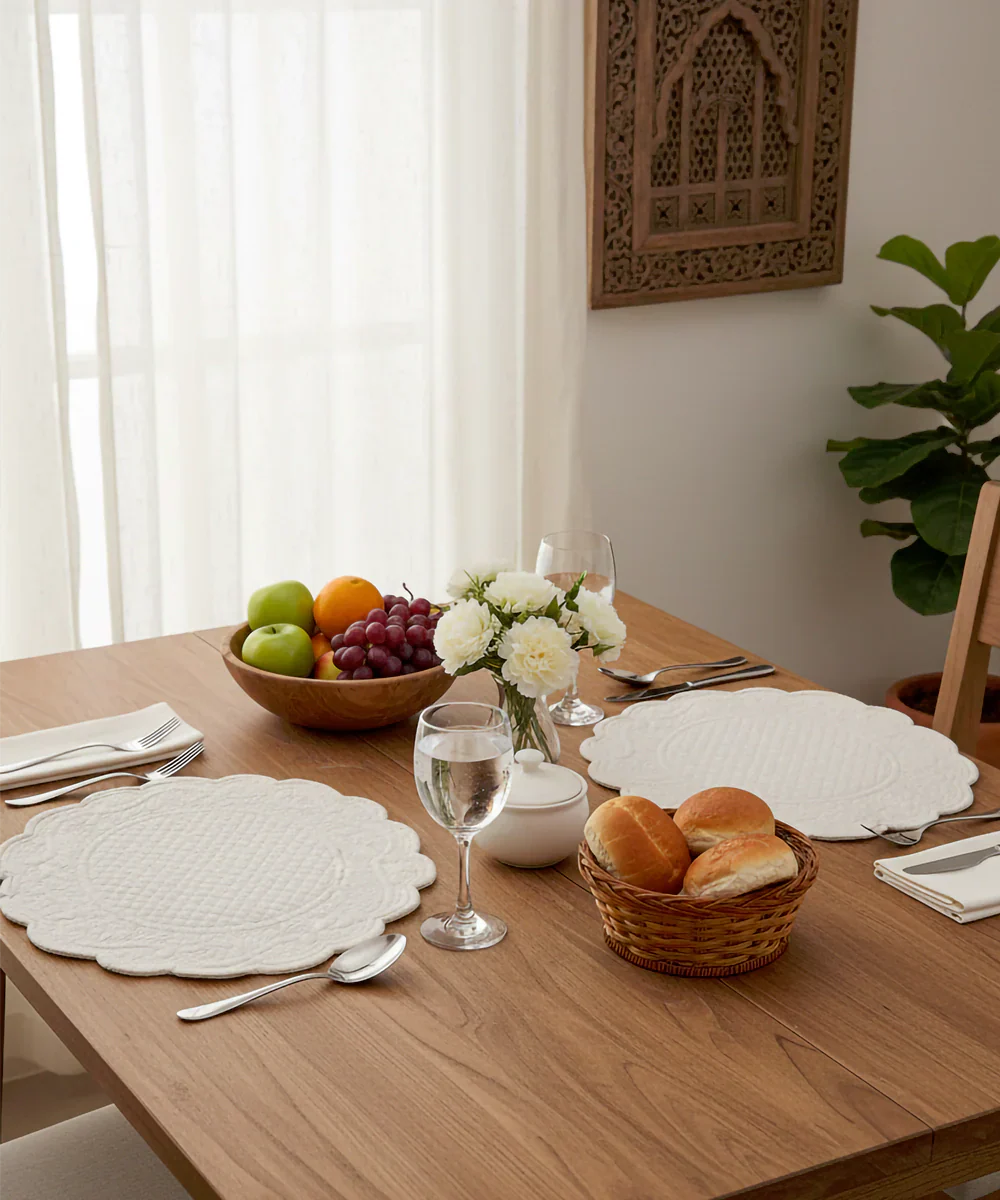 Set of 2 Quilted Cotton Beige Round Table Mats | SHOBITAM