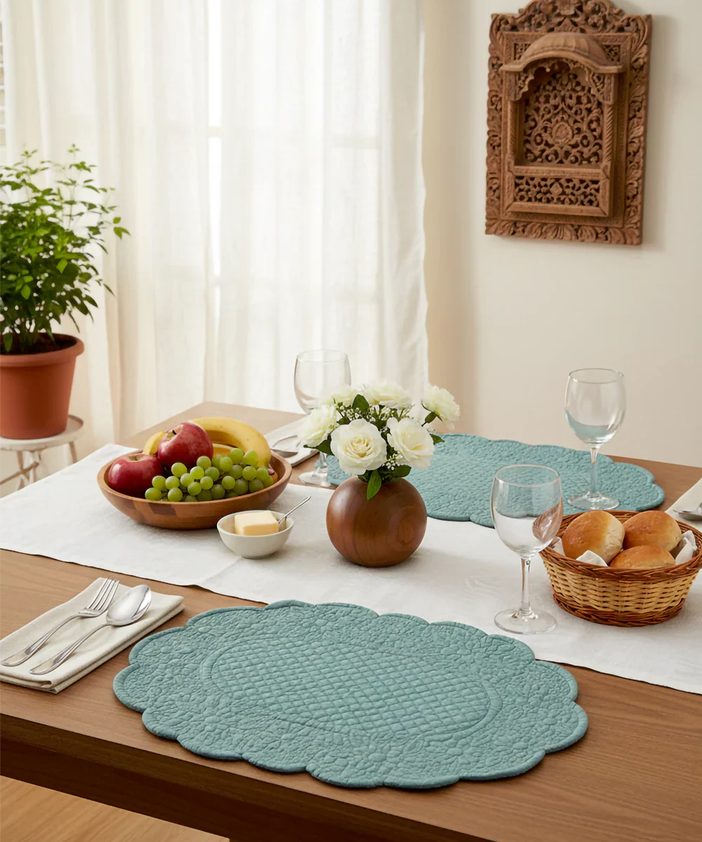 Set of 2 Quilted Cotton Olive oval Table Mats  | SHOBITAM