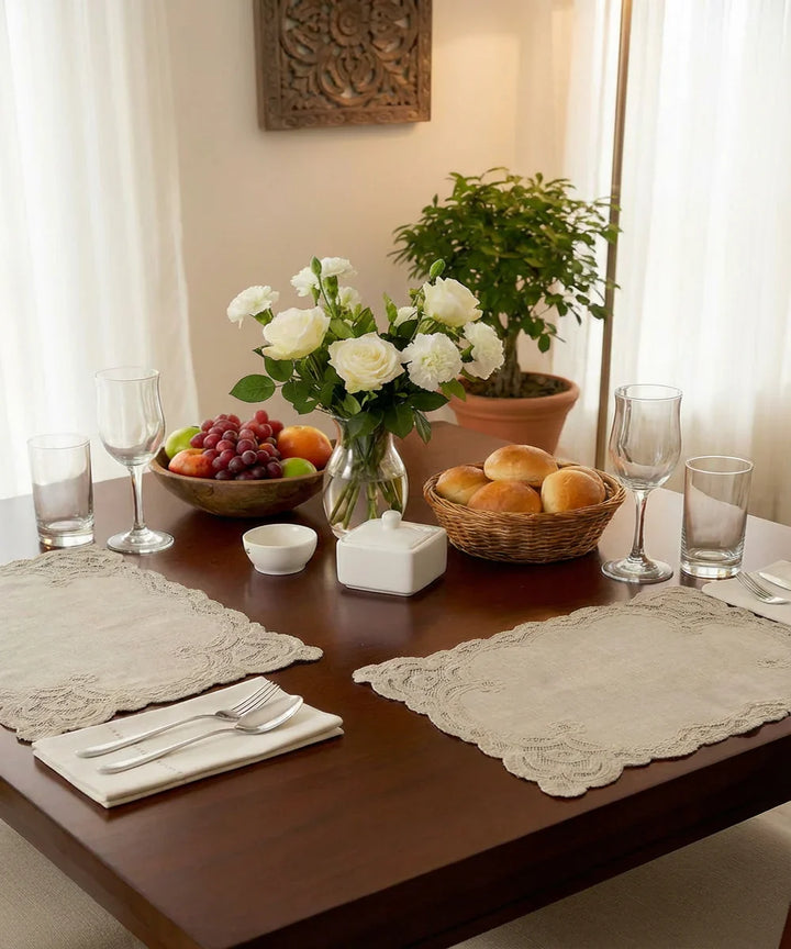 Set of 4 pcs Beige Cutwork Embroidered Cotton Slub Table Mats | SHOBITAM