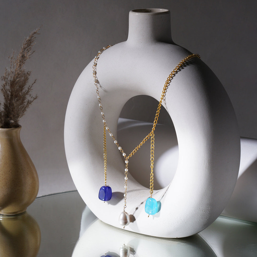 Long Pearl and Gold Chain Neckpiece | SHOBITAM