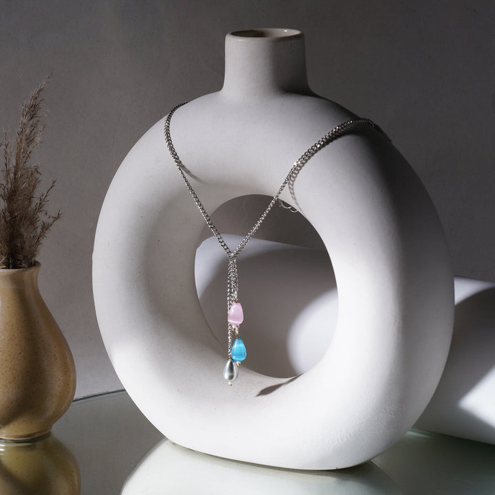 Long Silver Neckpiece with Multi Stones | SHOBITAM
