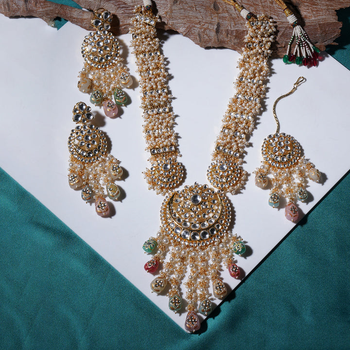 Long Kundan Neckpiece with Earrings & Maang Tikka with Multi Stones | SHOBITAM