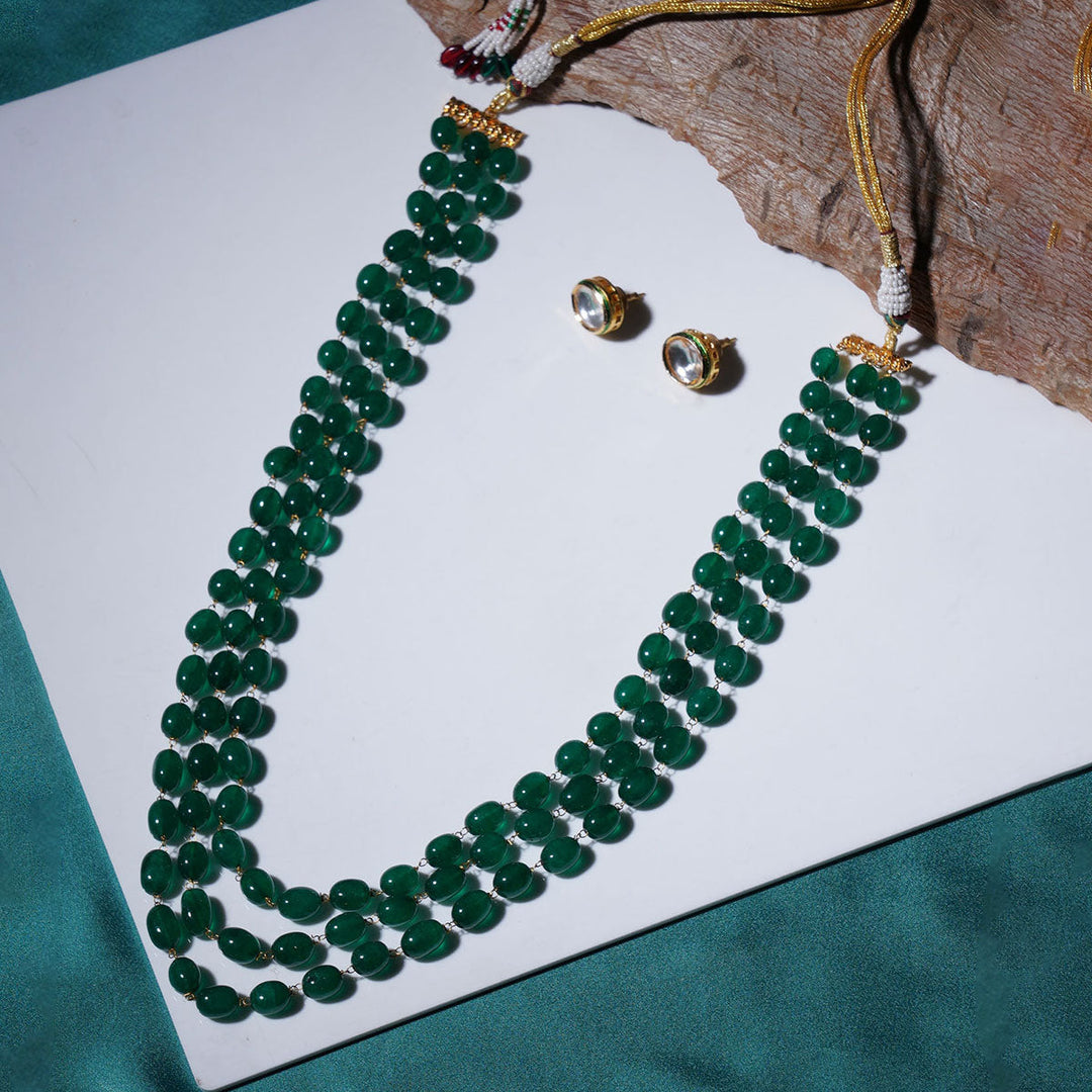 Long Layered Green Neckpiece with Kundan Studs | SHOBITAM
