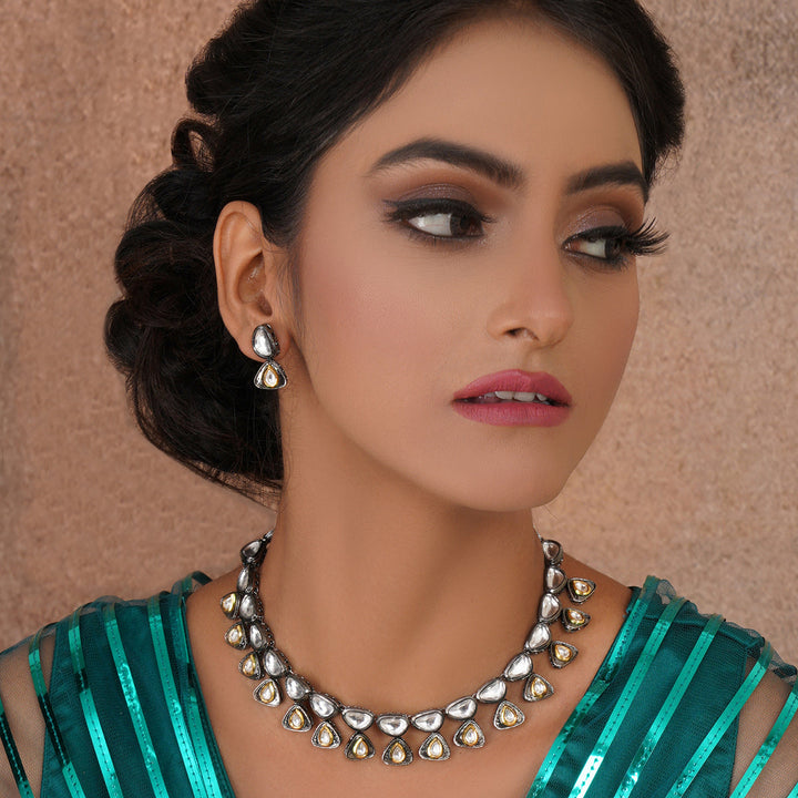 Dual Tone Kundan Neckpiece with Earrings | SHOBITAM