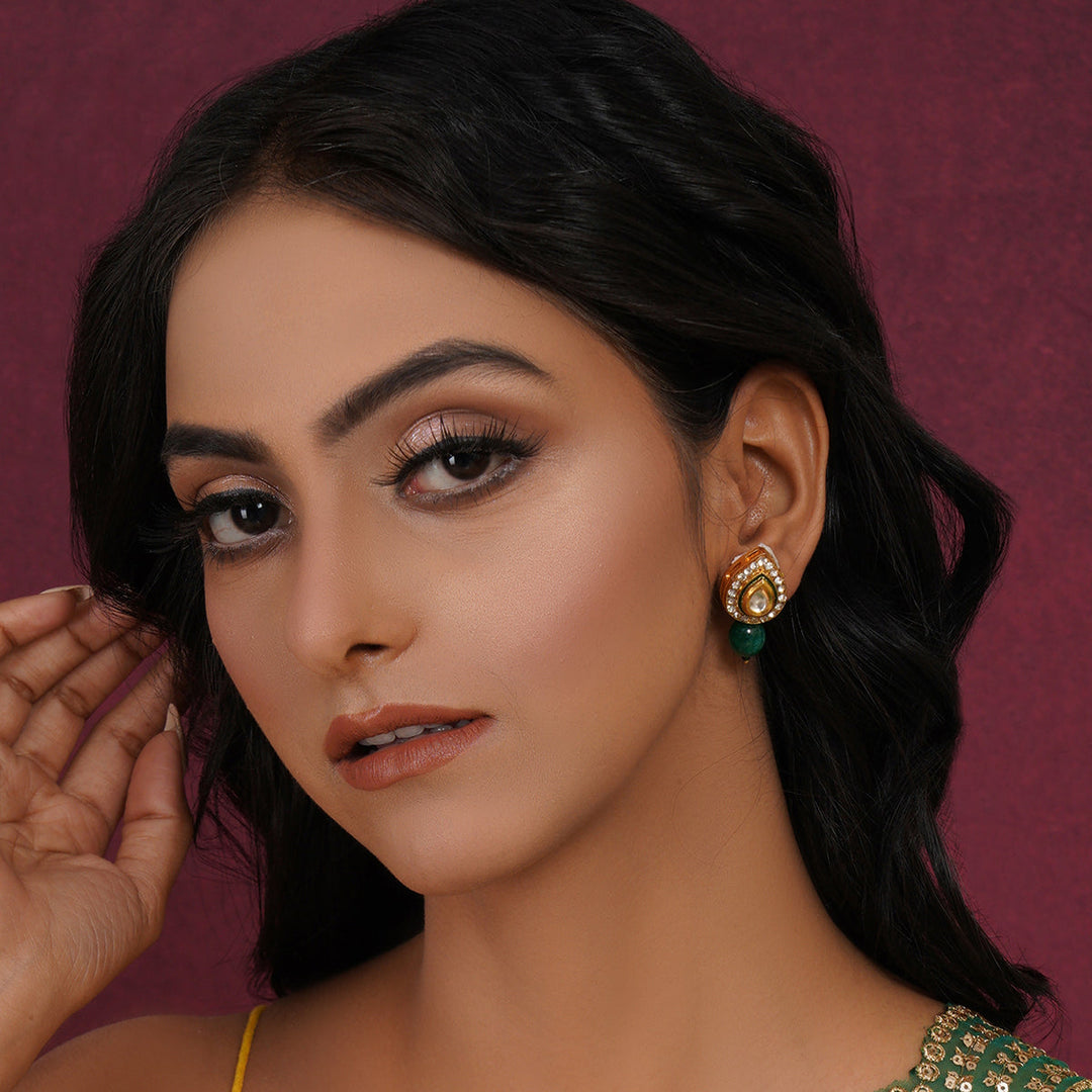 Emerald Stone Kundan Studs | SHOBITAM