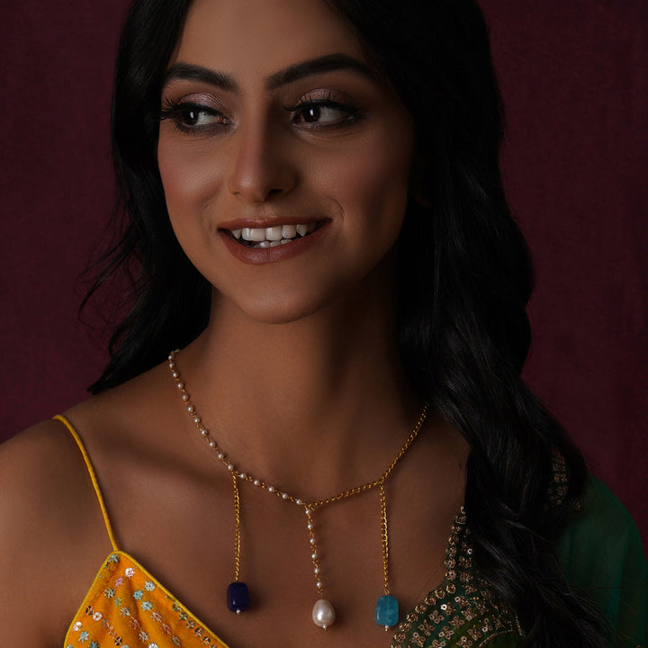 Long Pearl and Gold Chain Neckpiece | SHOBITAM
