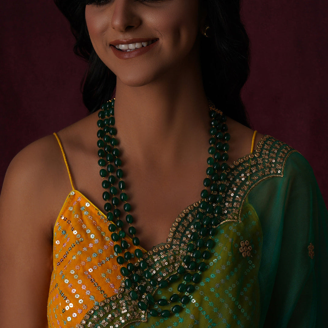 Long Layered Green Neckpiece with Kundan Studs | SHOBITAM